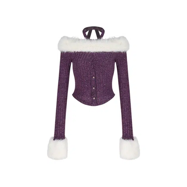 涂诗菲 一字领露肩挂脖内搭长袖针织衫 女款 紫色