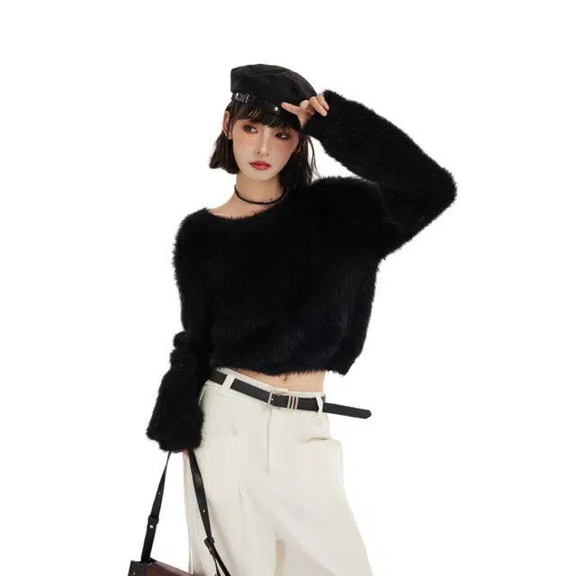 柏黛妃 百搭套头外穿短款小个子加厚长袖针织衫 女款 黑色