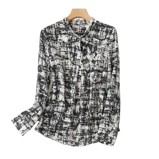 曲韩 蝴蝶结系带印花真丝上衣高级感洋气桑蚕丝长袖春季衬衫 女款 米白