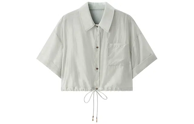 太平鸟 休闲纯色尖领短袖衬衫 女款 浅绿