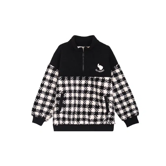 麓蔓蒂 千鸟格小香风宽松半开领拉链绣花卫衣 女款 黑色