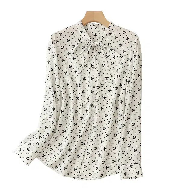 曲韩 蝴蝶结飘带碎花真丝上衣气质优雅春季桑蚕丝长袖衬衫 女款 米白