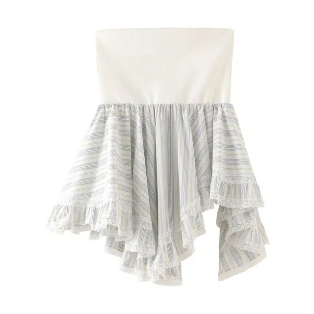 花栗鼠小姐 十点咖啡店 设计感通勤气质风抽皱拼接双层不规则蕾丝抹胸 女款 条纹