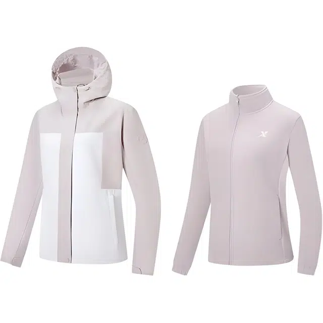 特步 综训系列 拼色拉链连帽舒适透气百搭两件套夹克外套 女款 珍珠白/西米紫