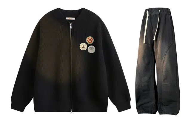 稻草人 美式亨利领双拉链开衫胸口别针徽章落肩毛衣复古舒适抽绳牛仔裤休闲运动套装 男女同款