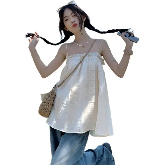 缪斯的诱惑 复古设计感小众宽松娃娃衫吊带 女款 杏色