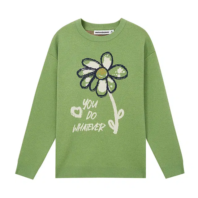 美特斯邦威 简约字母植物花卉提花时尚宽松圆领休闲长袖针织衫 女款