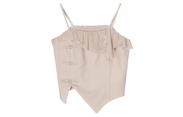 森女部落 新中式短款盘扣设计植物花卉印花纯色简约吊带 女款 浅粉色