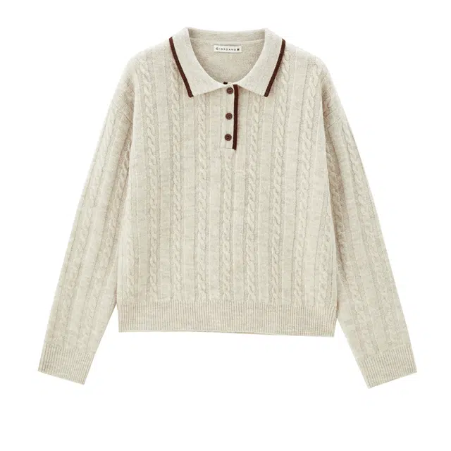 佐丹奴 肌理感绞花撞色边翻领毛织半开襟长袖针织衫 女款