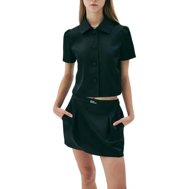 MARDI MERCREDI SS25 SATIN CROPPED JACKET HALF SLEEVE_BLACK