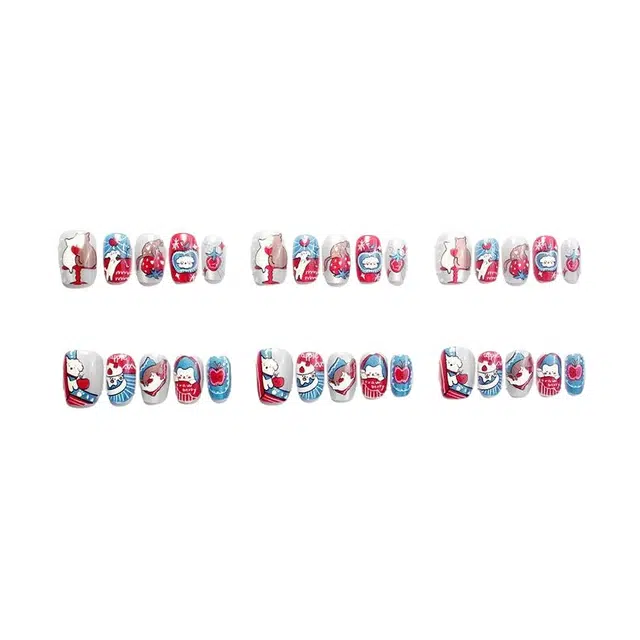 计轩 彩绘猫咪  穿戴甲 短方圆红蓝色跳色 可爱