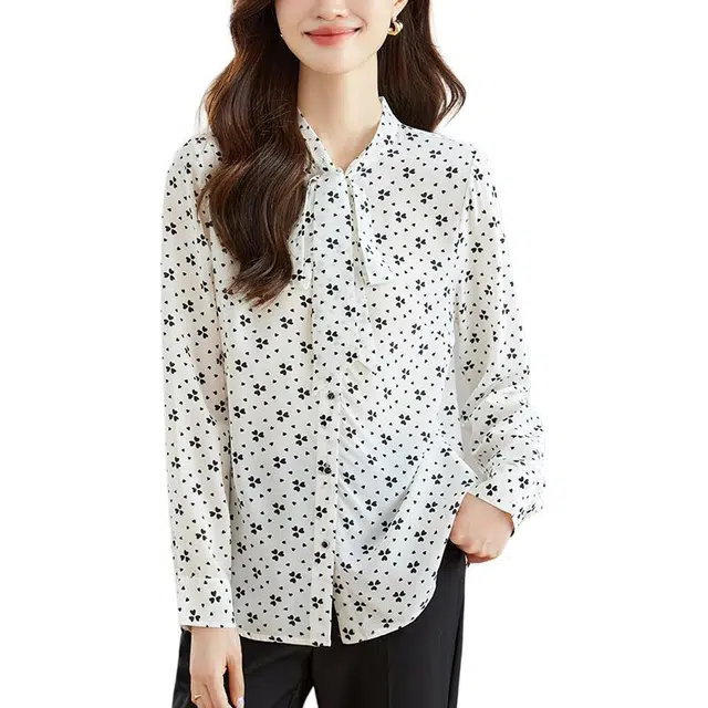 曲韩 蝴蝶结系带波点印花真丝上衣气质法式桑蚕丝长袖春季衬衫 女款 米杏