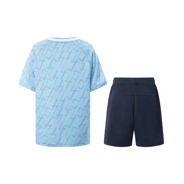 李宁儿童休闲运动套装 足球 舒适时尚百搭亲肤柔软 套装（上衣足球满印海鲸蓝/短裤深海军蓝） 青少年