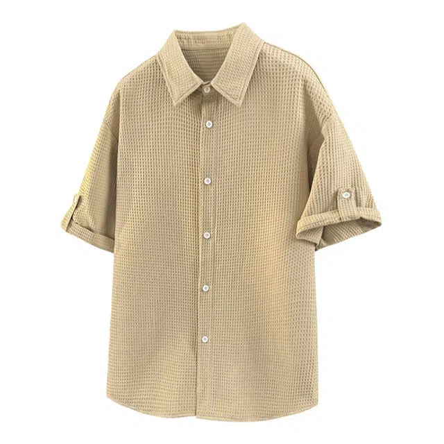 加荣 潮牌痞帅大码美式休闲宽松青少年纯色简约学生白色帅气高级感翻领华夫格五分袖短袖衬衫 男女同款