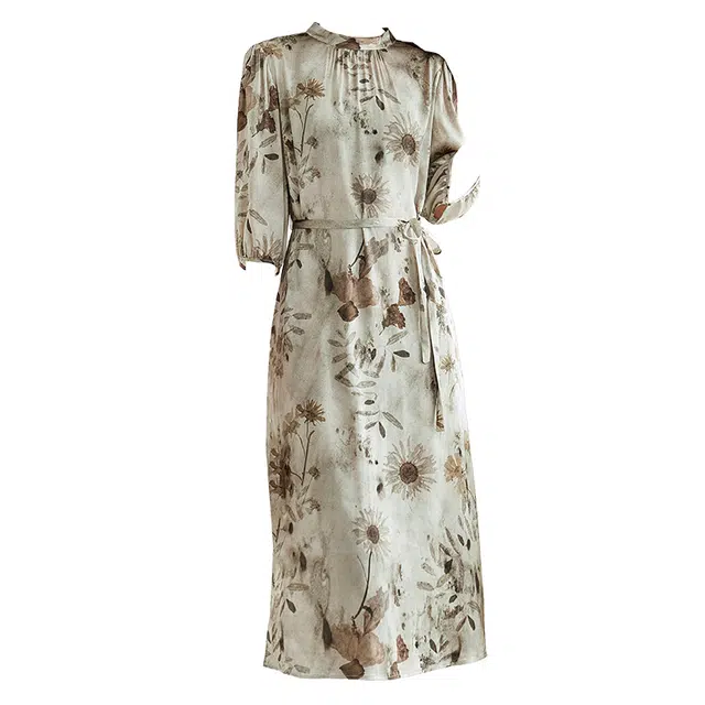 水墨佳人 植物花卉合身适中圆领短袖连衣裙 女款 弥花集语