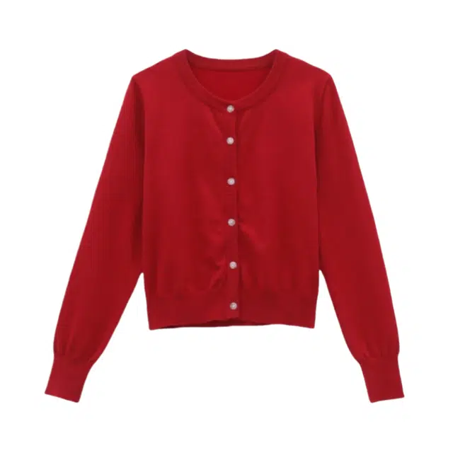 柏黛妃 纯色圆领修身短款针织衫 女款 红色