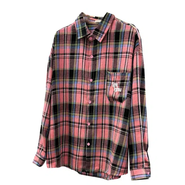 涂诗菲 学院风格子衬衣宽松显瘦刺绣春款潮设计感小众百搭时尚长袖 衬衫 女款 黑粉格子