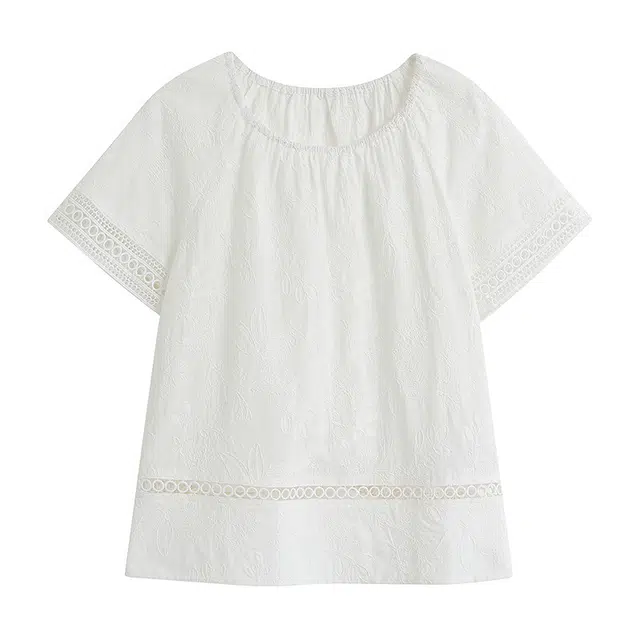茵曼 法式重工刺绣精梳棉白色短袖衬衣衬衫 女款 珍珠白