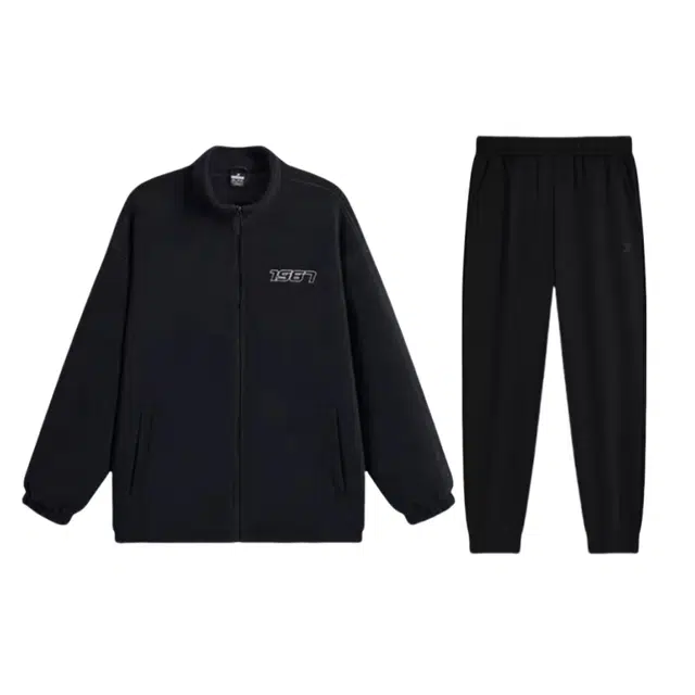 特步 数字刺绣宽松立领夹克外套百搭长裤休闲运动套装 男女同款 黑色