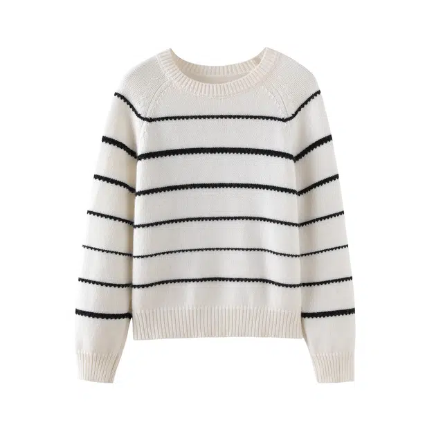 花栗鼠小姐 条纹慵懒撞色软糯圆领内搭长袖针织衫 女款