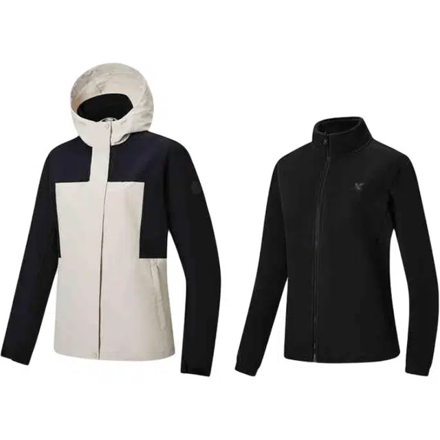 特步 综训系列 拼色拉链连帽舒适透气百搭两件套夹克外套 女款 浮岩灰/正黑色