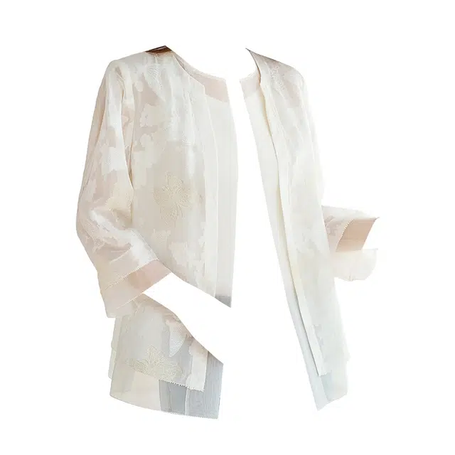 水墨佳人 桑蚕丝真丝乔其剪花开衫轻薄截短上衣 女款 白色