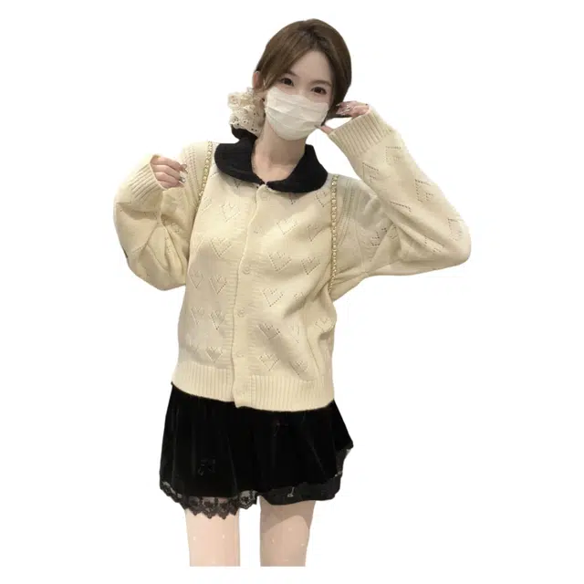 思蓓儿 韩版拼色娃娃领爱心提花长袖针织衫 女款