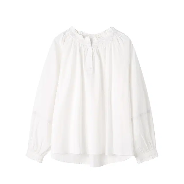 曲韩 法式木耳花边立领宽松上衣气质优雅减龄纯棉长袖春季衬衫 女款