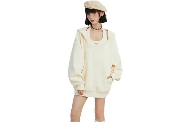 柏黛妃 纯色连帽套头挂脖长袖卫衣 女款 杏色