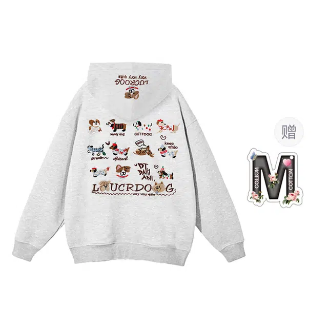 棉购 复古重磅刺绣狗狗印花立体可爱连帽休闲百搭卫衣 女款