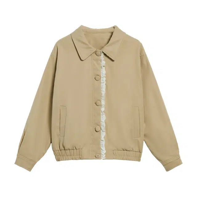 涂诗菲 韩系少女感波边设计感短款外套夹克 女款 卡其色