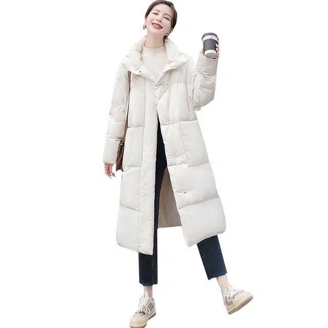 丝柏舍 纯色简约长款保暖外套宽松长袖休闲棉服 女款 米白色