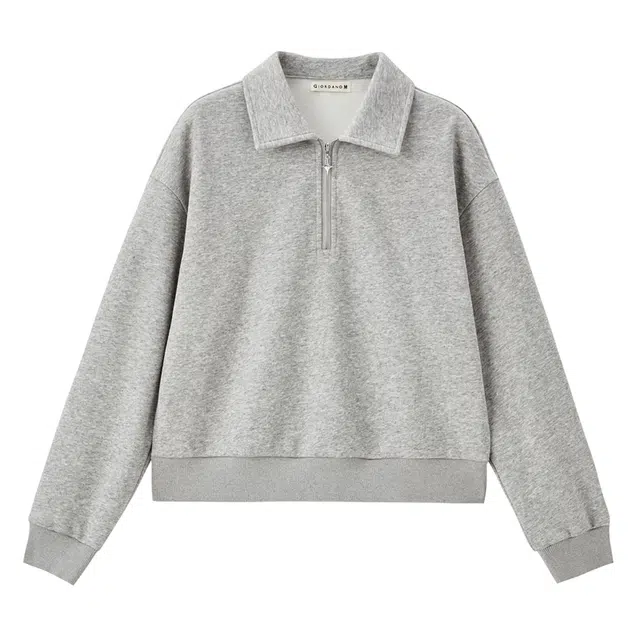 佐丹奴 细闪加绒翻领半开襟针织套头卫衣 女款 浅花灰