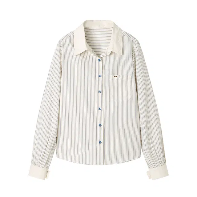 曲韩 条纹口袋翻领上衣时尚通勤宽松纯棉春季长袖衬衫 女款 米杏条