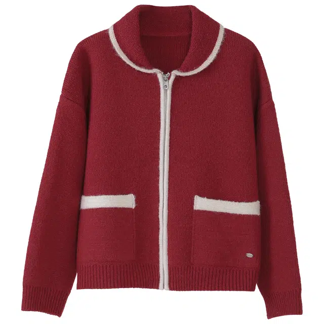 法儿家 韩系小个子开衫翻领长袖针织衫 女款 红色