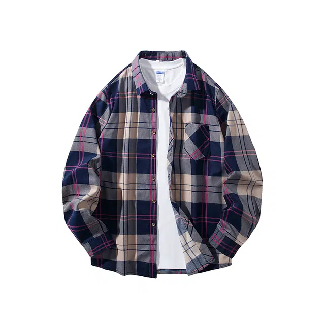 红蜻蜓 复古翻领条纹格子外穿叠穿休闲宽松外套长袖衬衫 男女同款