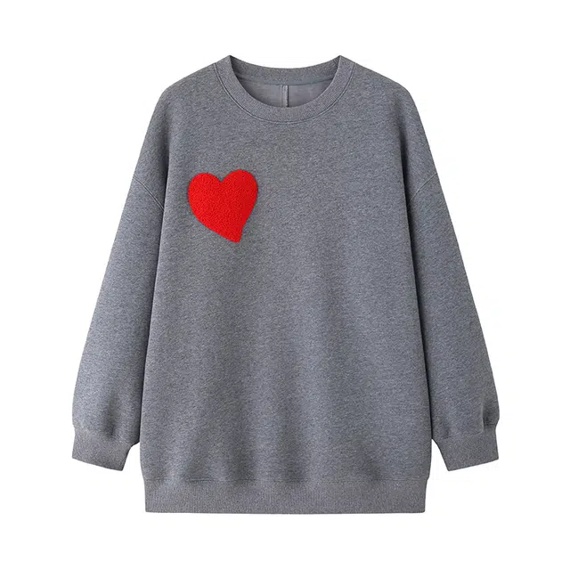 周淼 毛巾绣爱心图案加绒圆领卫衣 女款