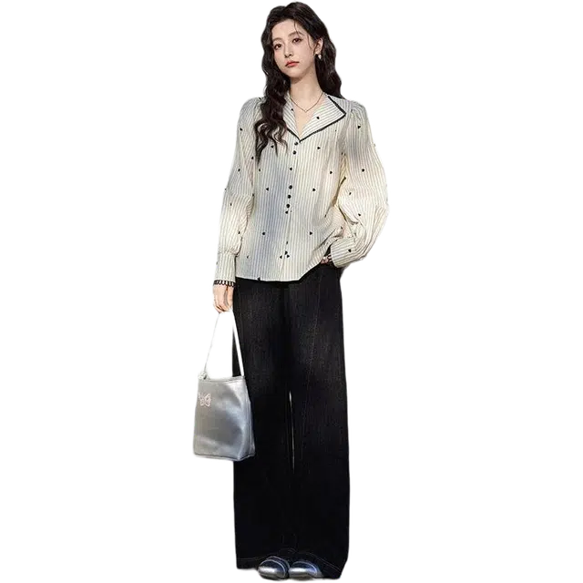 谜秀 学院风休闲条纹泡泡袖舒适女长袖法式复古刺绣上衣小衫女衬衫 女款 杏色