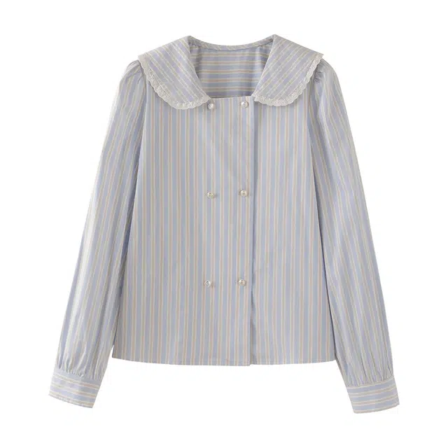 花栗鼠小姐 蓝调告白诗 休闲法式不易皱条纹减龄衬衫 女款