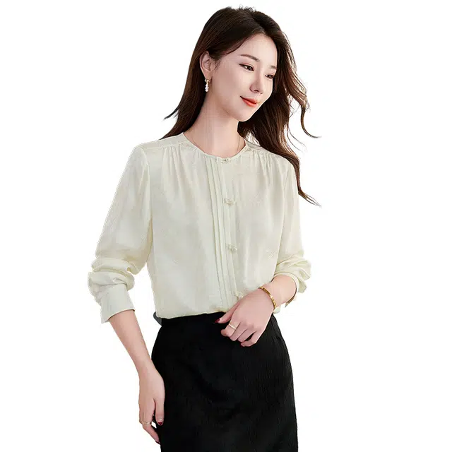 水墨佳人 桑波缎面长袖提花衬衫 女款 香槟米