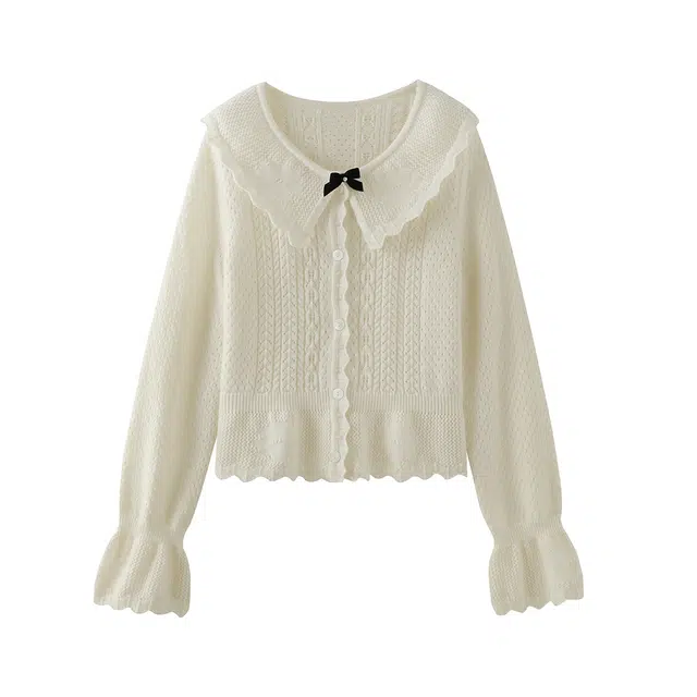 花栗鼠小姐 莫尔安早信 法式甜美千金风圆领拼接翻领可脱卸胸针合肩喇叭袖微收腰遮肉针织衫 女款