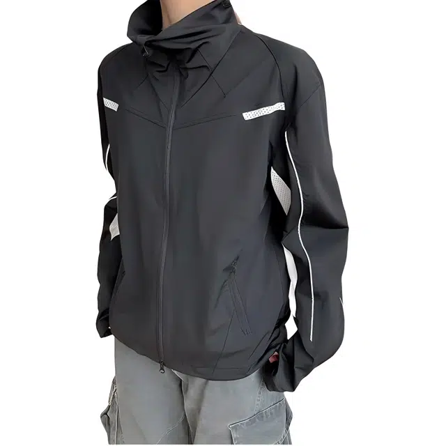 单爵 美式高街网眼透气薄款拼接速干立领长袖夏季夹克外套 男女同款 赫本黑