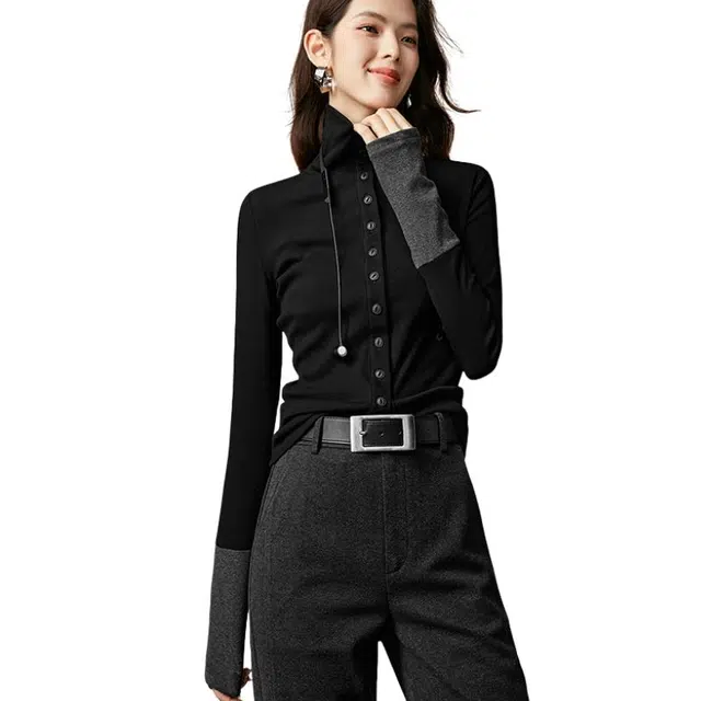 晚白 加绒保暖高弹力内搭打底针织衫 女款 黑色