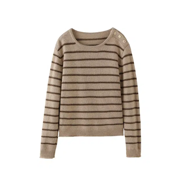 花栗鼠小姐 牛奶可可 百搭松弛感圆领开叉撞色条纹微宽松直筒遮肉针织衫 女款