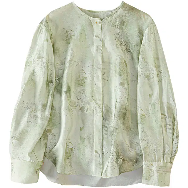 她池 撞色晕染宽松款中长款圆领新中式长袖衬衫 女款 水墨绿