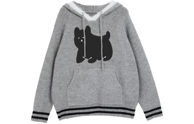 柏黛妃 小狗印花连帽长袖加厚针织衫 女款 灰色