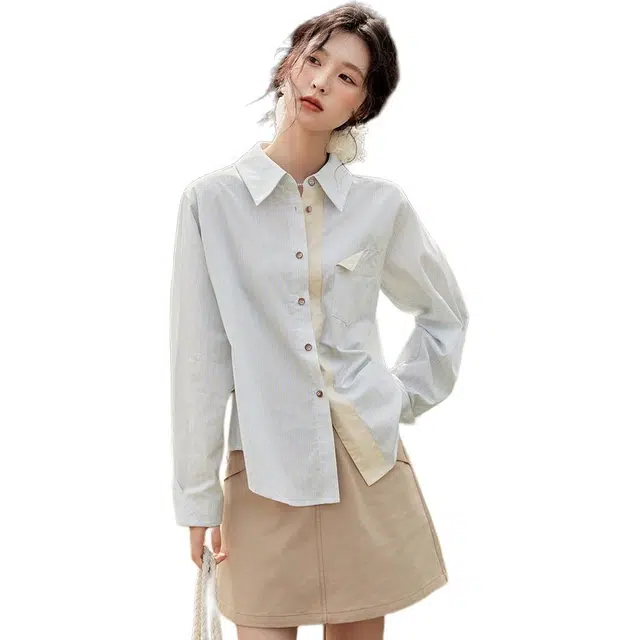 谜秀 通勤学院风高智感纯棉舒适翻袋拼色假两件门襟立体袖小众设计感长袖条纹衬衫 女款 海盐蓝