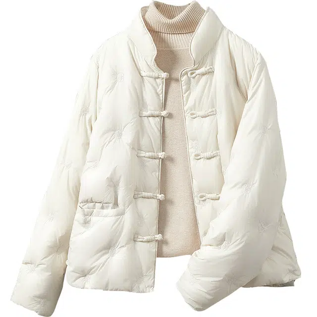 她池  立领新中式单排扣宽松款保暖  含羽绒外套  女款  米色