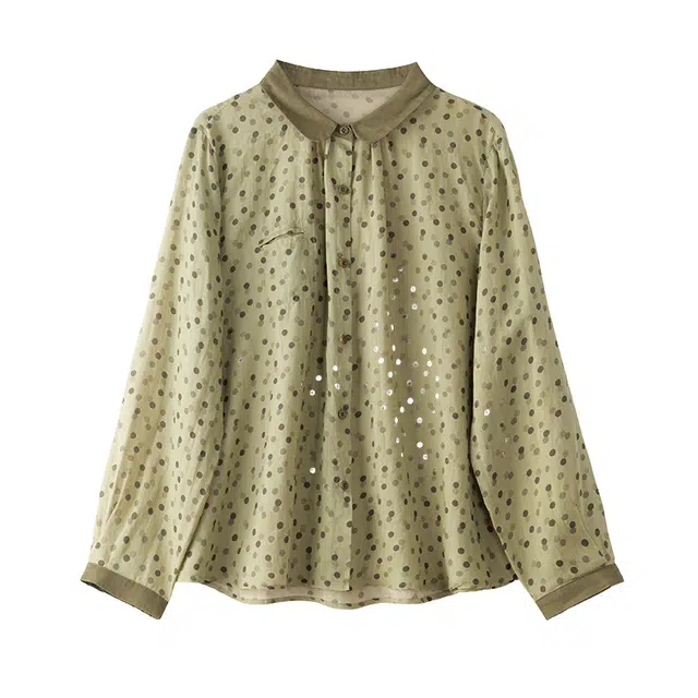 曲韩 翻领撞色波点印花上衣复古减龄显瘦苎麻春季长袖衬衫 女款