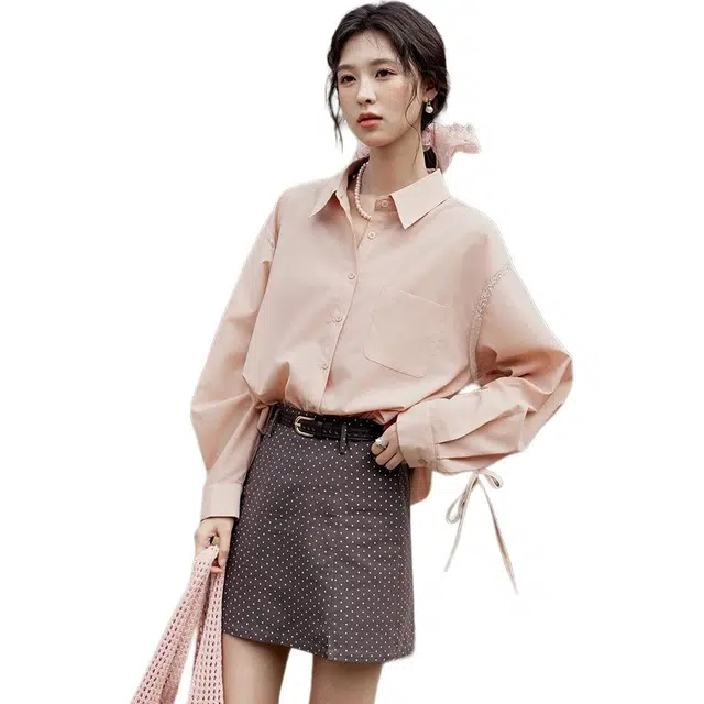 谜秀 减龄长袖韩系基础款时尚纯色简约衬衣百搭衬衫 女款 粉色